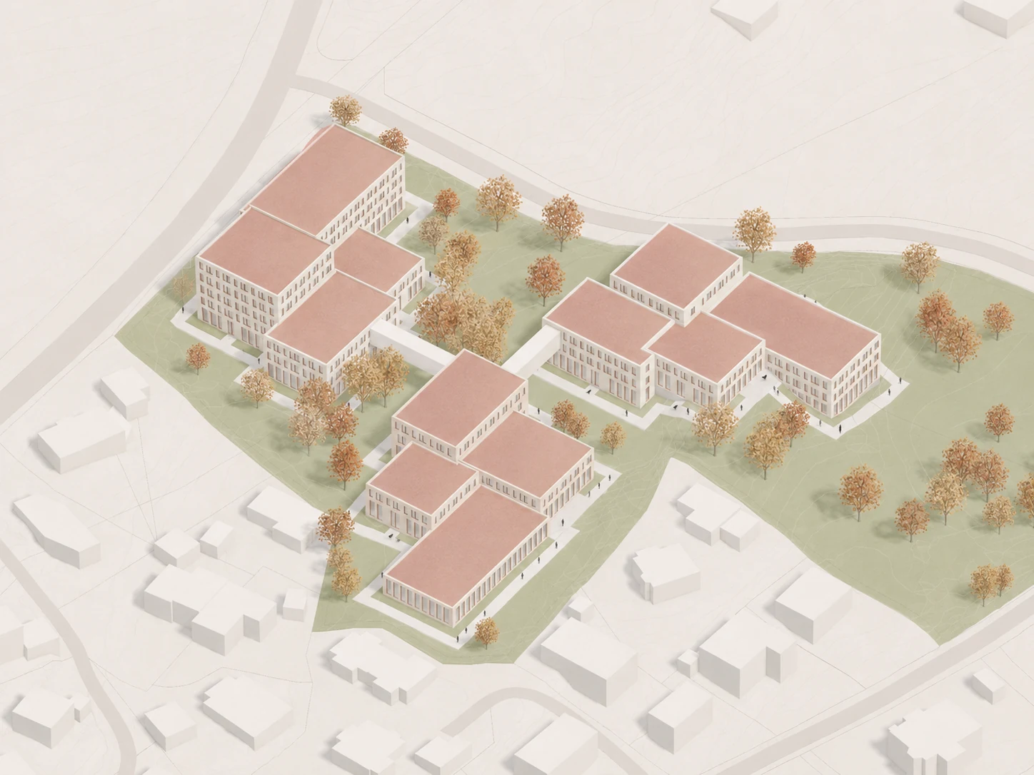 Arkitekturvisualisering av et område med lyse bygninger, terrakottafargede tak og landskap